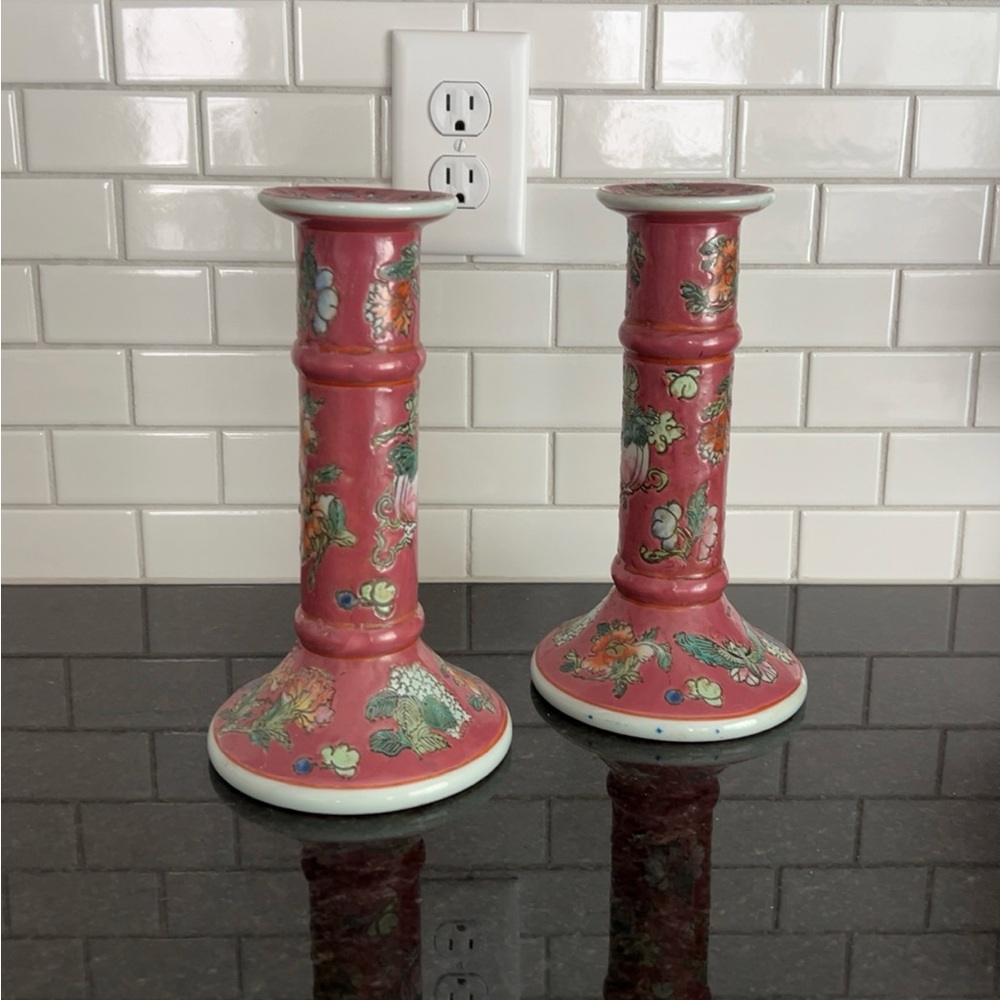 Antique Chinese Porcelain Famille floral candlestick holders- Rare (Set of two)